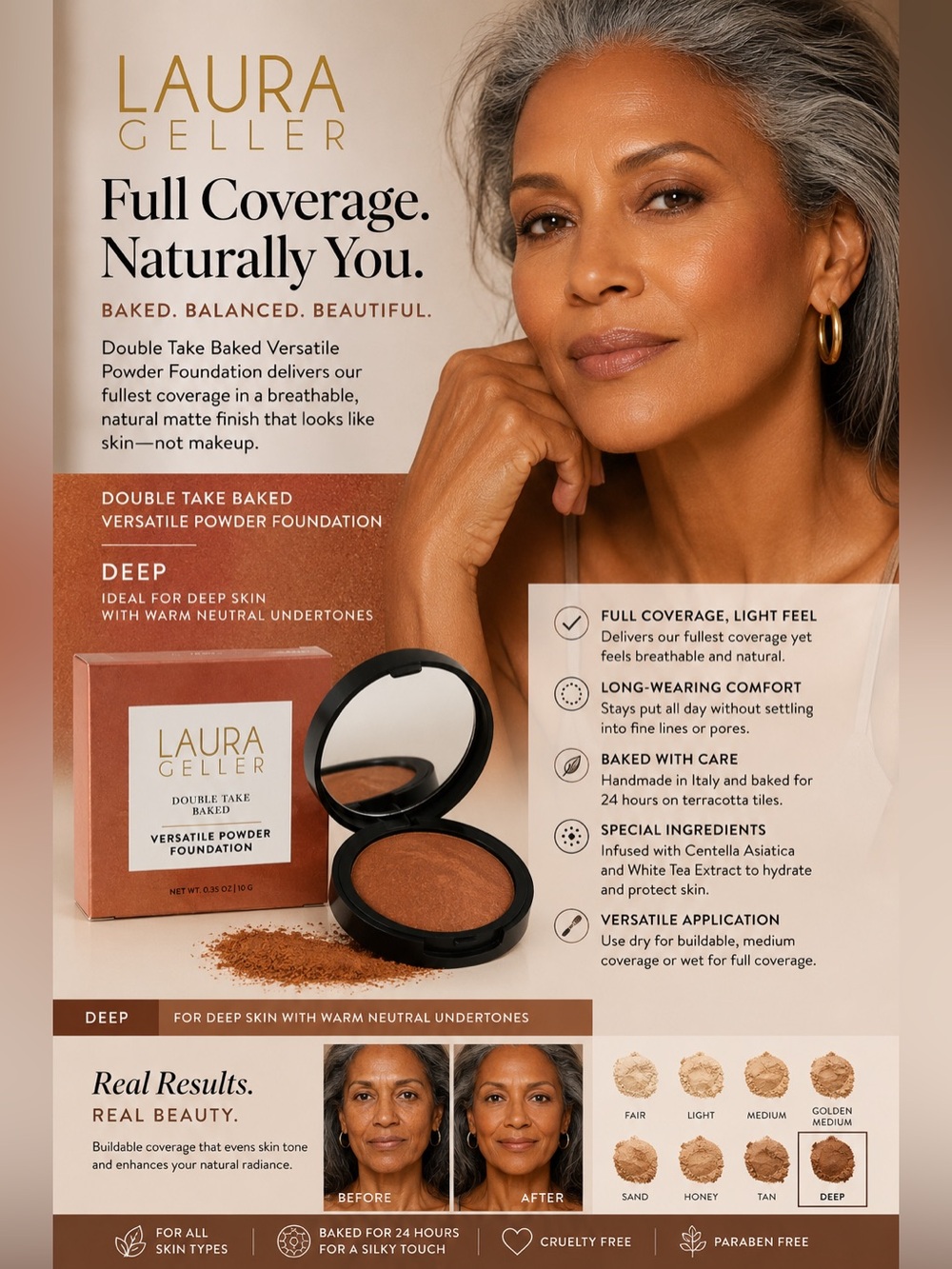 Laura Geller Double Take Baked Powder Foundation (Deep) – Full Coverage Matte